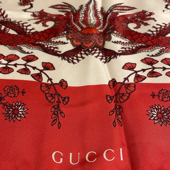 Gucci Red and White Dragon Silk Scarf - Picture 3 of 9